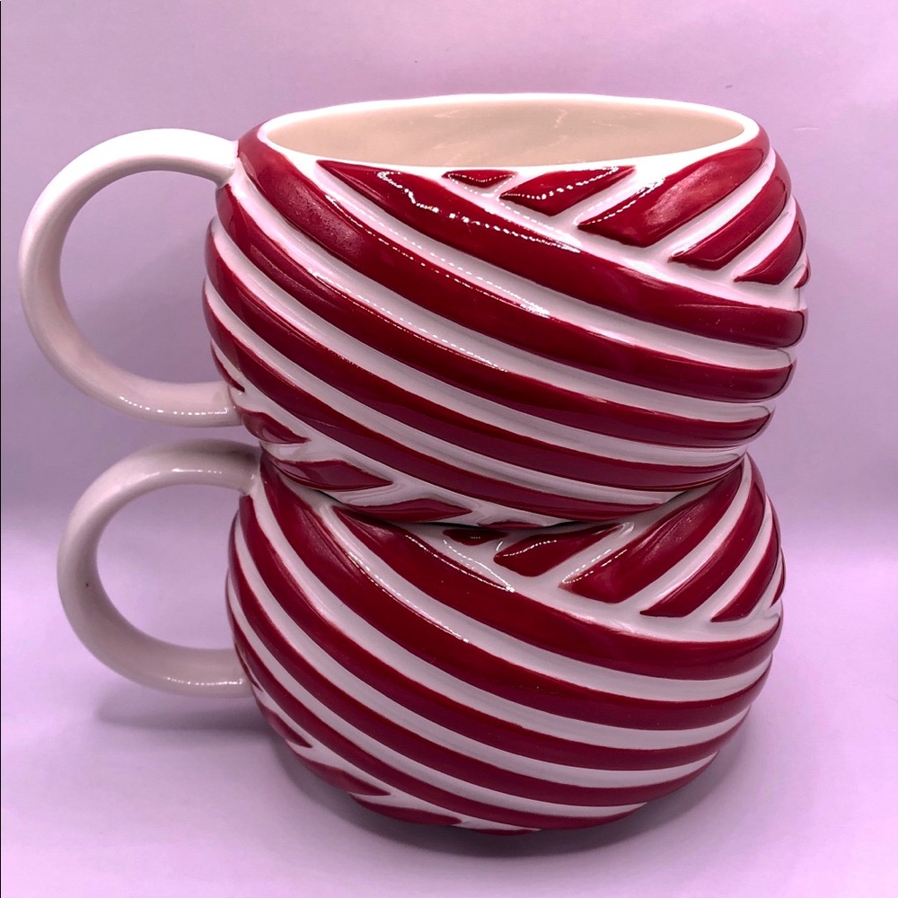 2013 Starbucks Barrel Coffee Mugs Cups Red White Candy Cane 12oz Set of 2